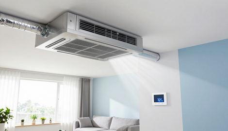 Sala de estar moderna con aire acondicionado montado en la pared, ventana, sofá gris y panel de control blanco sobre una pared azul.