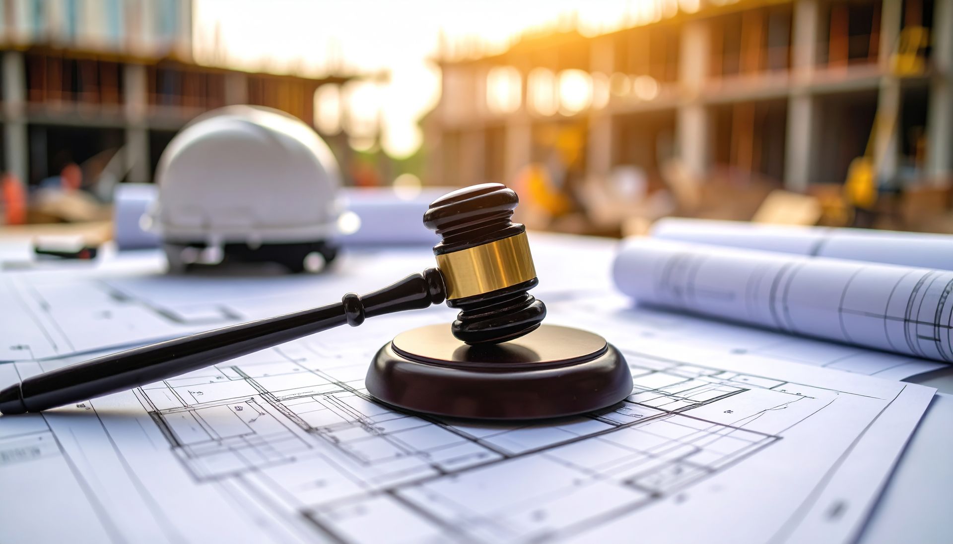 Marteau sur des plans avec un chantier de construction en arrière-plan flou.