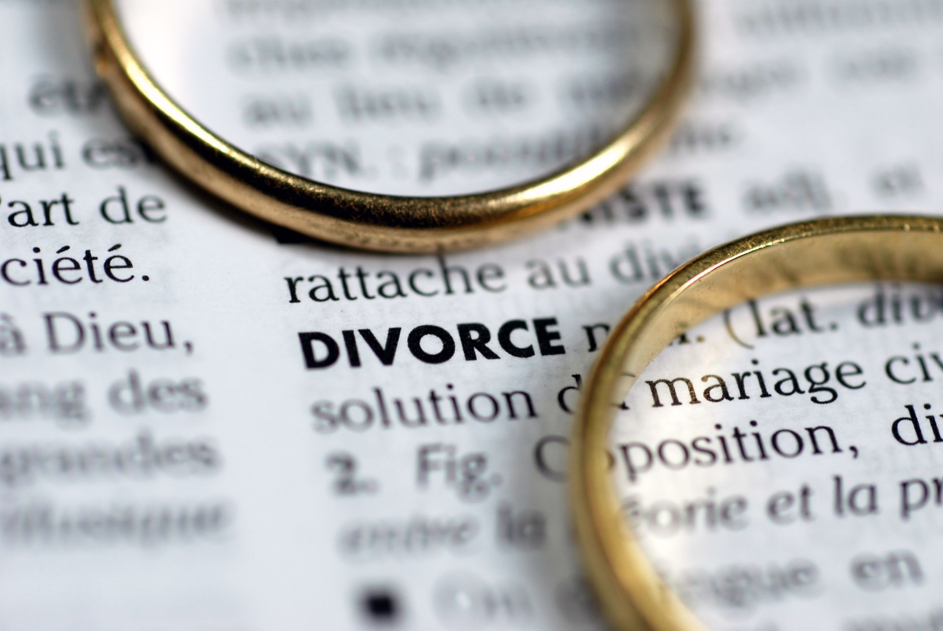Deux alliances sur une page de dictionnaire ouverte au mot divorce.