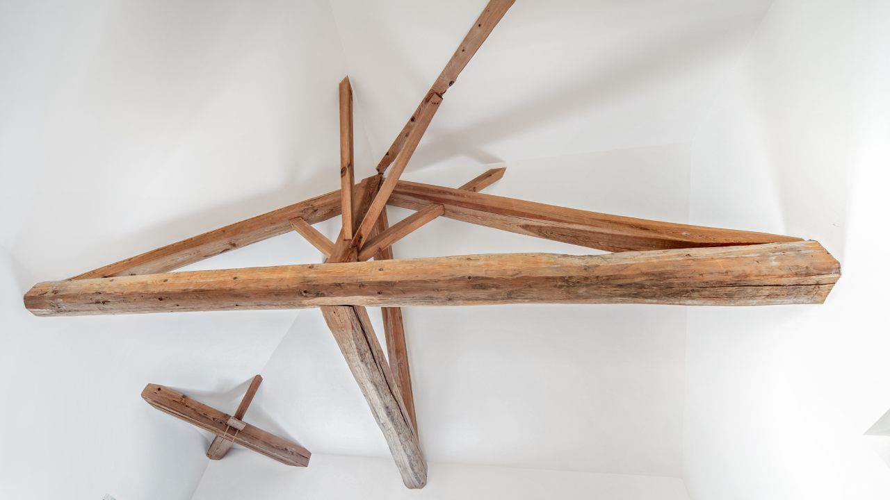 Charpente traditionnelle apparente dans un plafond blanc
