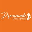 Logotipo para Promenade pizza & pasta: texto en escritura blanca sobre fondo naranja, gesto con la mano.