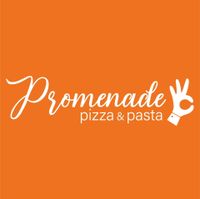 Logotipo para Promenade pizza & pasta: texto en escritura blanca sobre fondo naranja, gesto con la mano.