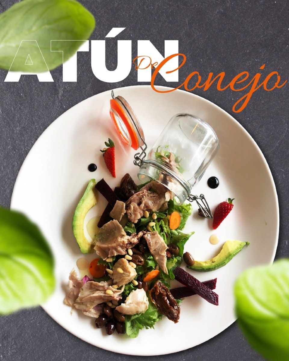 Atún en Conejo en un plato blanco. Lleva atún, verduras, aguacate y un frasco con los ingredientes.