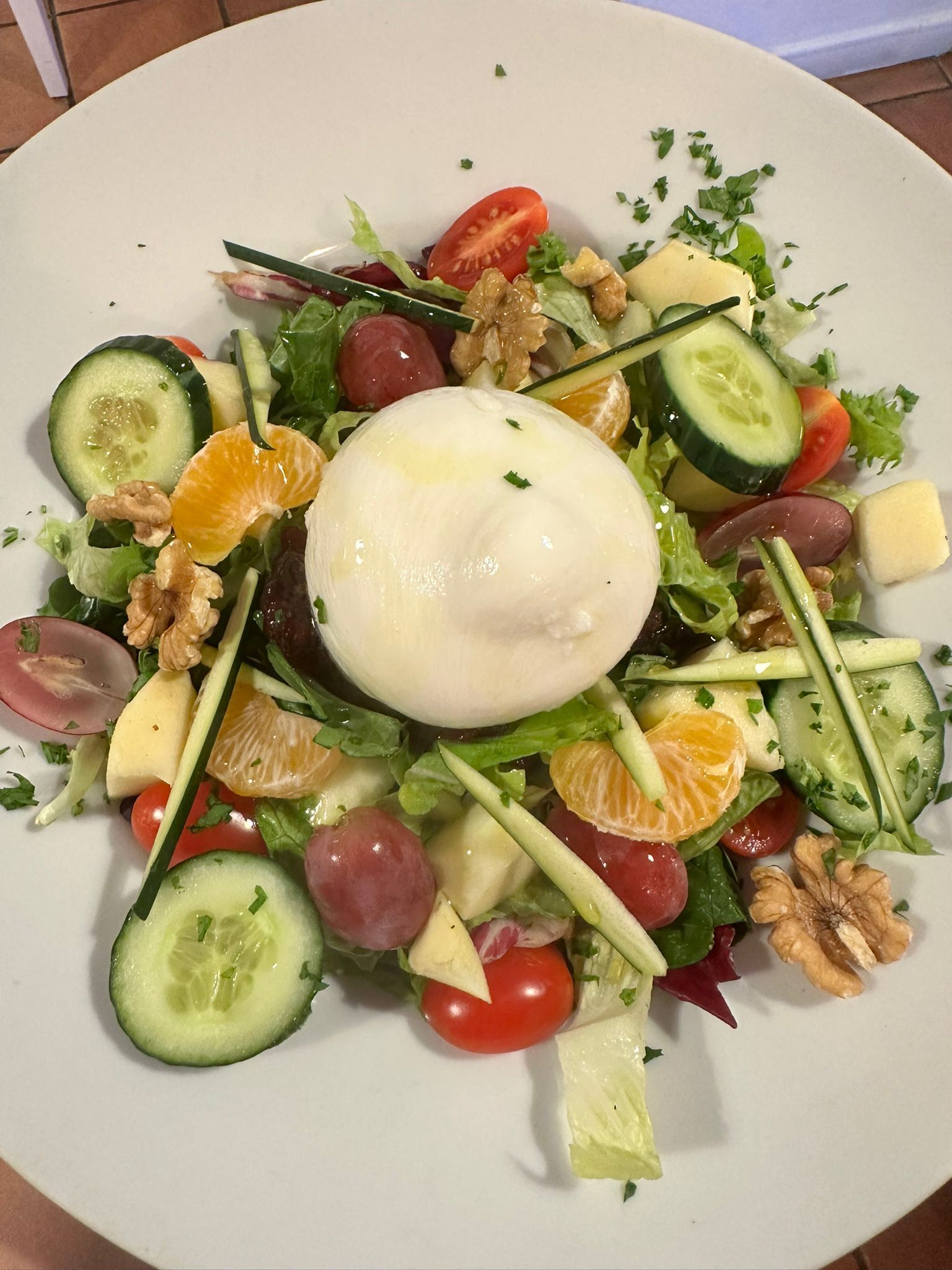 Ensalada con queso burrata, tomates, pepinos, rodajas de mandarina y nueces en un plato blanco.