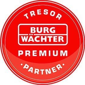 A red badge that says tresor burg wächter premium partner