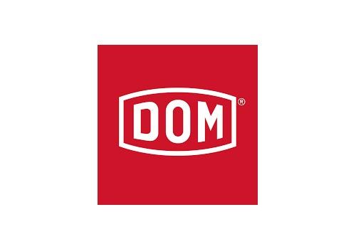 Ein rotes Quadrat mit einem weißen Dom-Logo darauf.