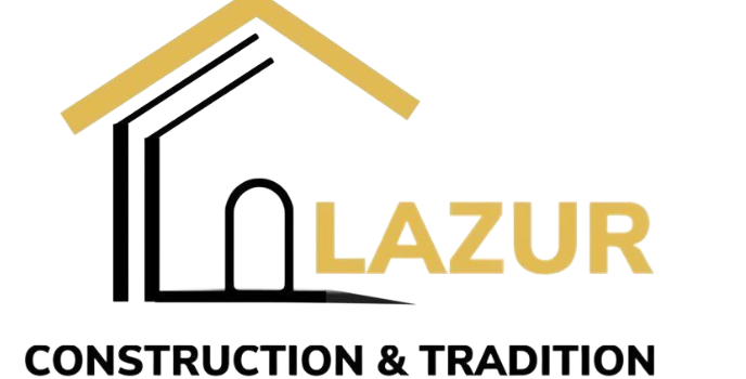 Logo de Lazur Construction & Tradition : Icône de maison en or et noir avec le nom de l'entreprise en or.