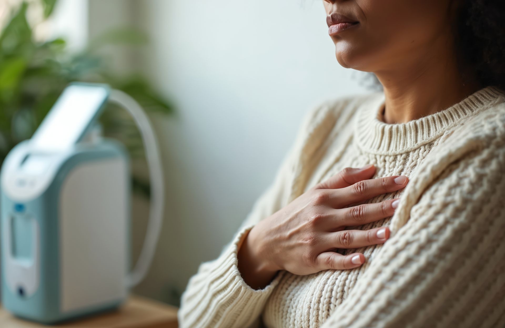 Une femme se tient la poitrine près d'un concentrateur d'oxygène.