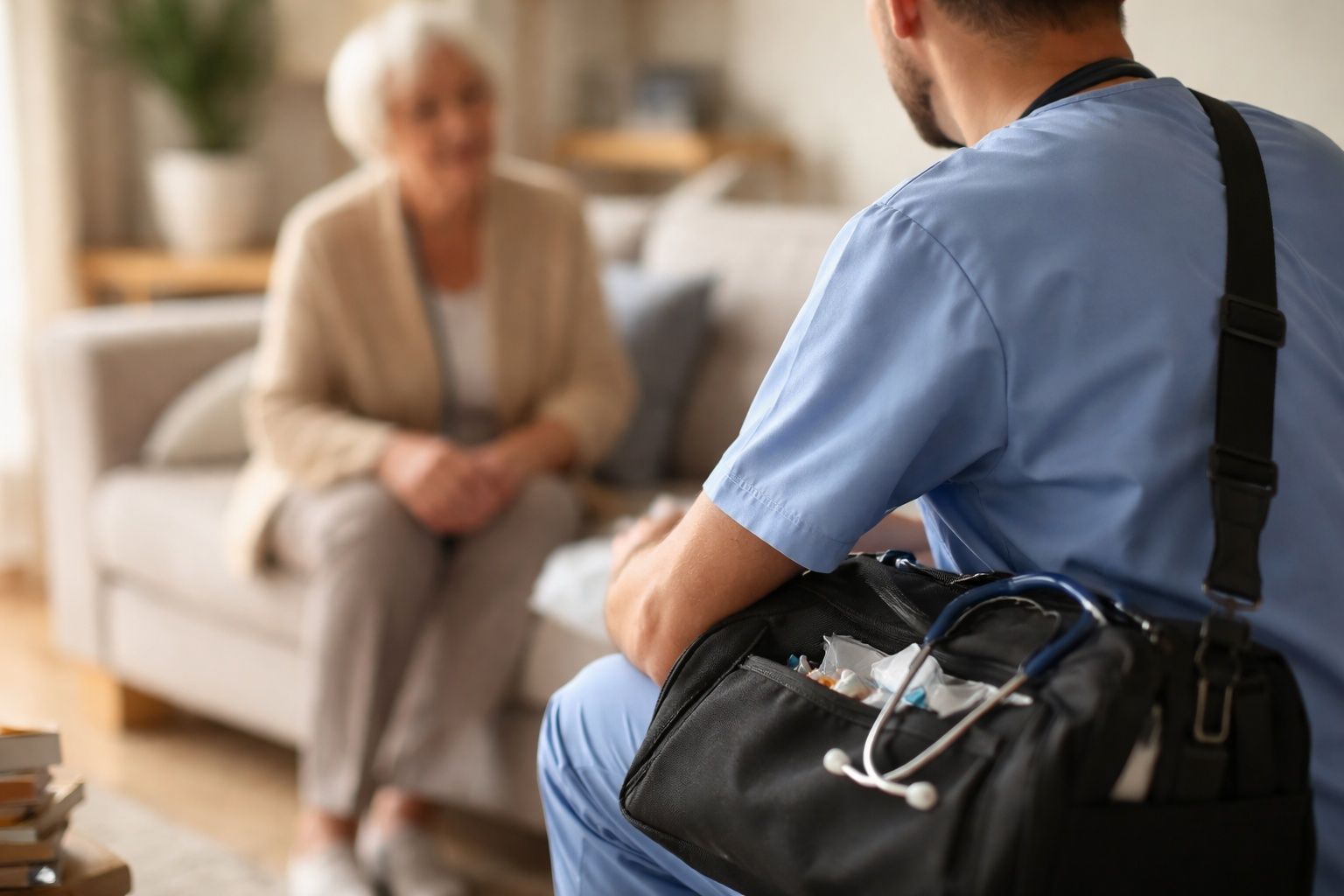 Une soignante en blouse bleue est assise avec un patient sur un divan. Un sac noir contenant un stéthoscope est visible au premier plan.