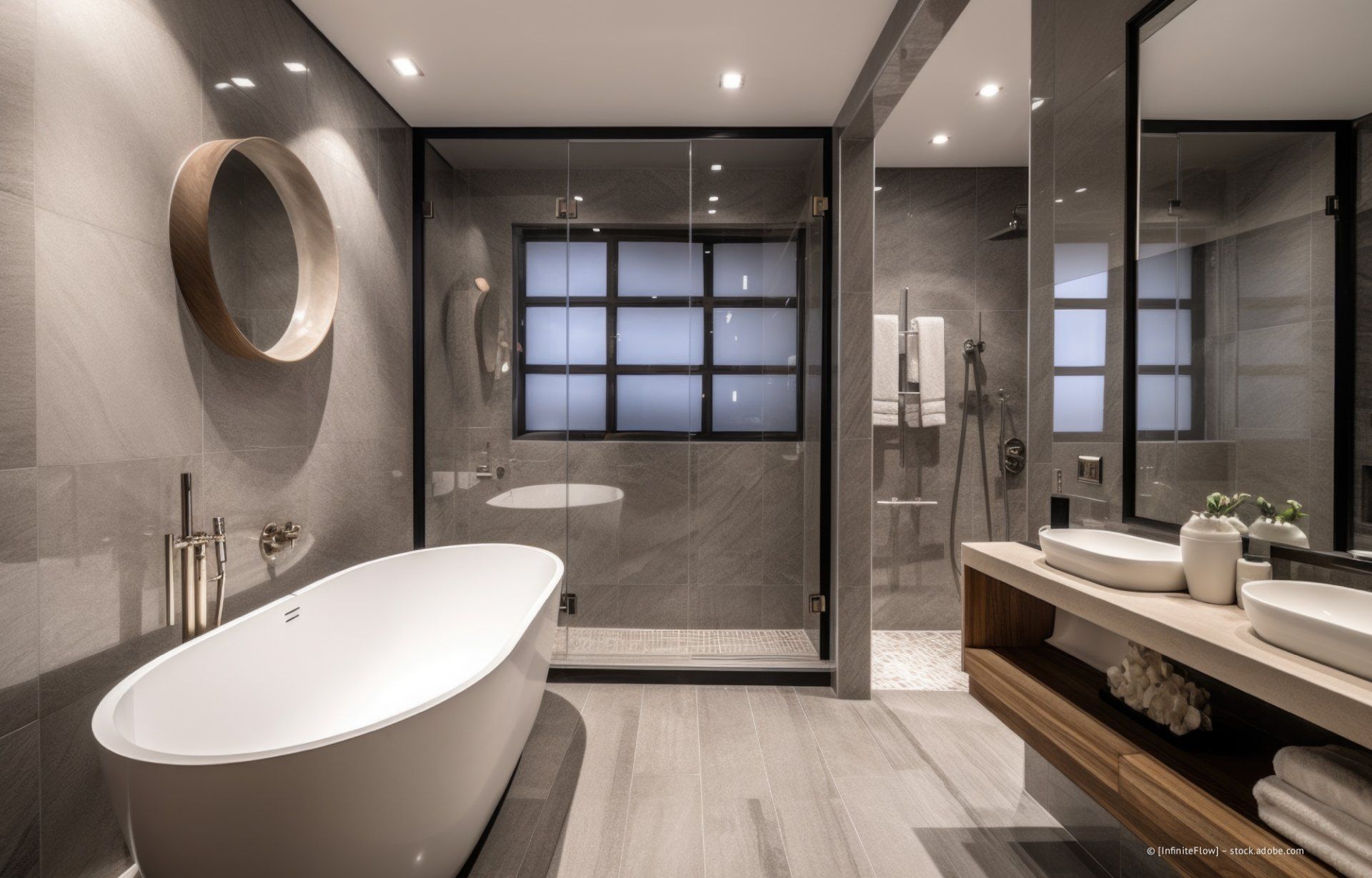 Modernes Badezimmer mit freistehender Badewanne, Glasdusche, grauen Fliesen und Waschtisch aus Holz.