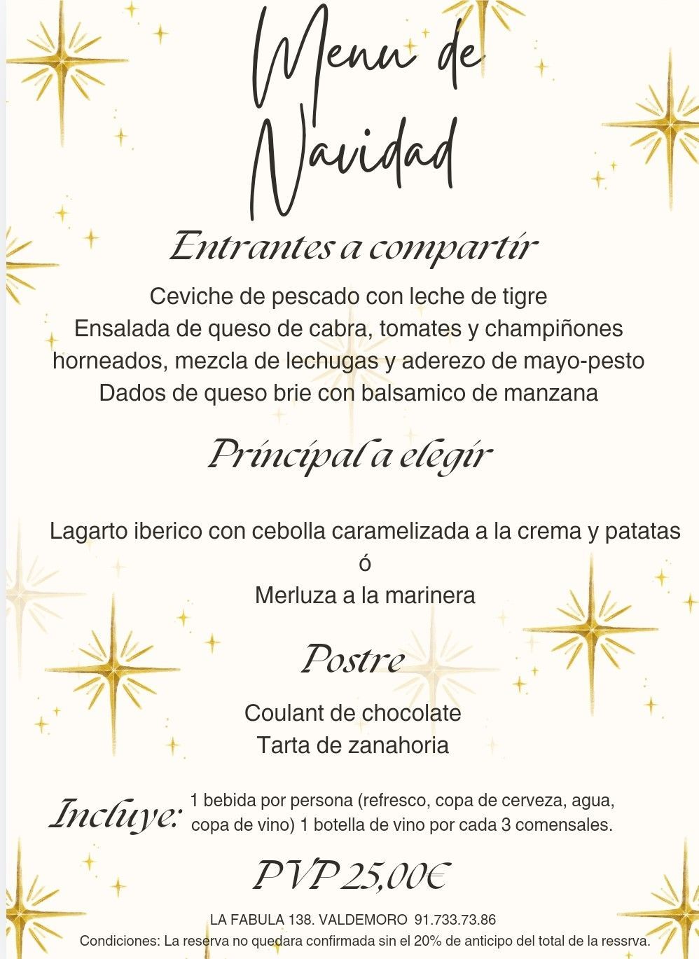 Un menú para una cena navideña en español con estrellas doradas sobre fondo blanco.