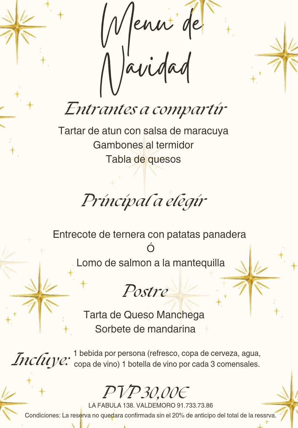 Un menú para una cena navideña en español con estrellas doradas sobre fondo blanco.