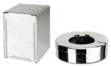 Se muestran un dispensador de servilletas y un cenicero sobre un fondo blanco.