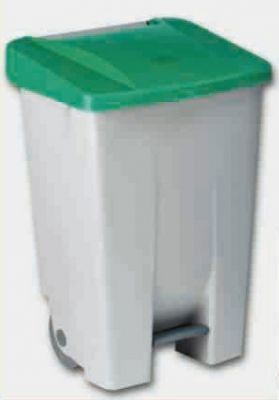 Un bote de basura blanco con tapa verde.