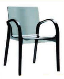 Una silla con respaldo transparente y patas negras sobre fondo blanco.