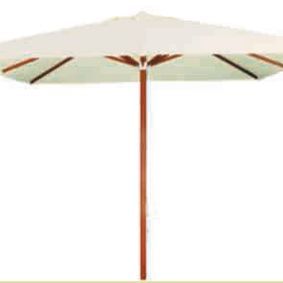 Un paraguas blanco con un palo de madera sobre un fondo blanco.