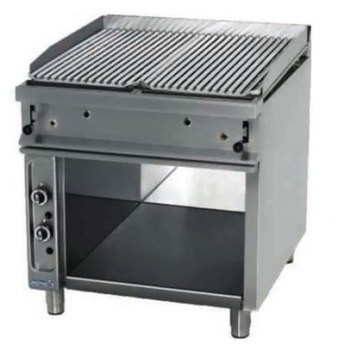 Una parrilla de acero inoxidable con un estante debajo.