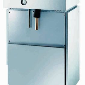 Un refrigerador de acero inoxidable con un grifo encima.