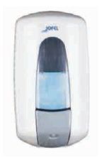 Un secador de manos blanco con un líquido azul dentro.