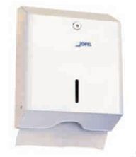 Un dispensador de toallas de papel blanco sobre un fondo blanco.