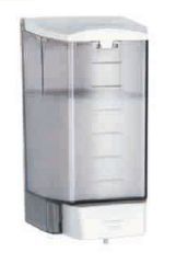 Un dispensador de jabón de plástico transparente con una tapa blanca sobre un fondo blanco.