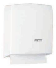 Un dispensador de toallas de papel blanco sobre un fondo blanco.