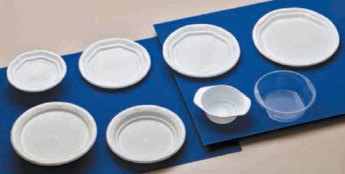 Hay muchos tipos diferentes de platos y vasos de plástico en la mesa.