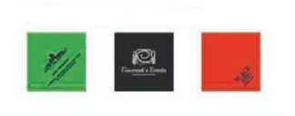 Tres cuadrados de diferentes colores con logotipos sobre un fondo blanco.