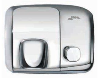 Un secador de manos de acero inoxidable está sobre una superficie blanca.