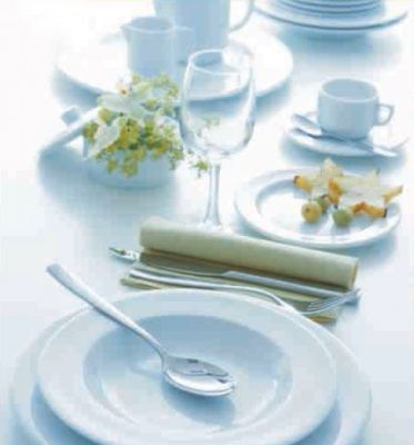 Una cuchara está en un plato blanco sobre una mesa.