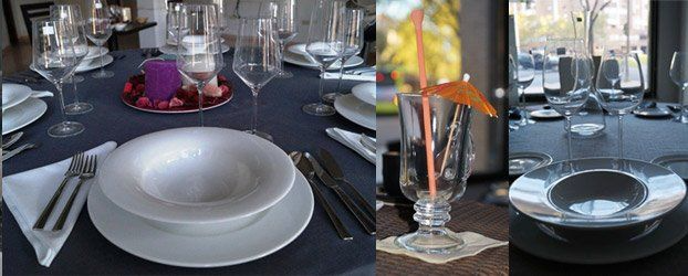 Dos fotografías de una mesa con platos y vasos.