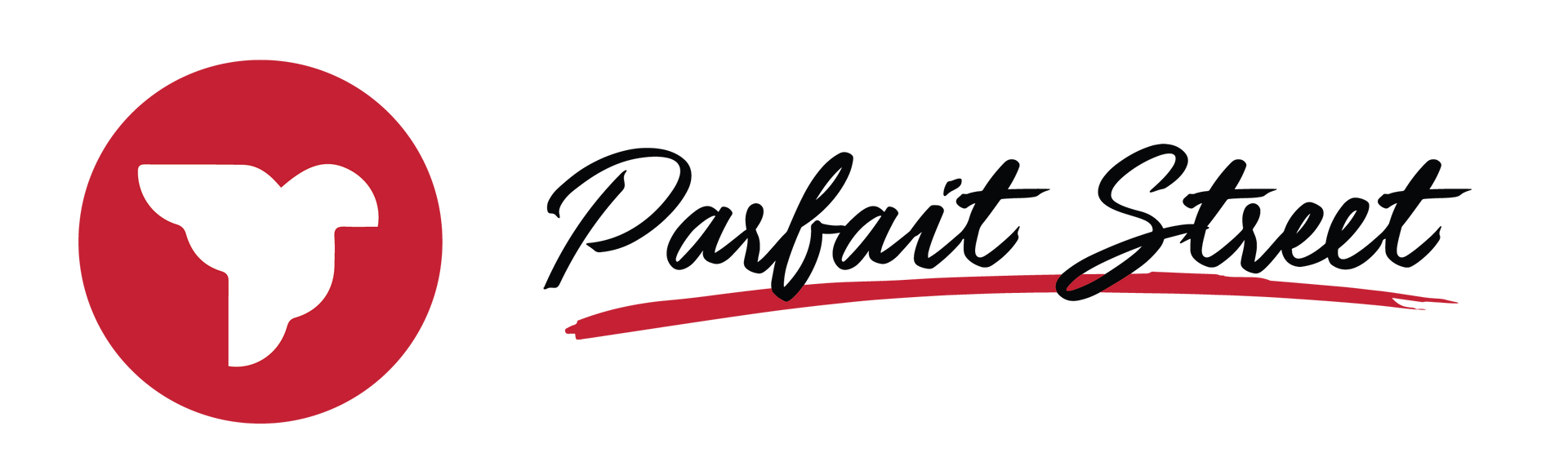 Logo: red circle with white bird icon, black script "Parfait Street" with red underline.