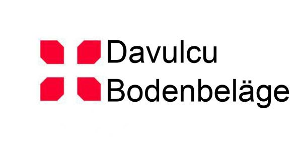 Firmenlogo für Davulcu Bodenbeläge, mit vier roten stilisierten Quadraten, die neben dem schwarzen Text ein Kreuz bilden.