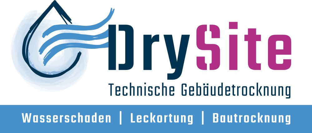 Logo für DrySite, ein Unternehmen für technische Gebäudetrocknung. Es zeigt einen Wassertropfen, blaue Linien und den Firmennamen in Blau und Rosa.