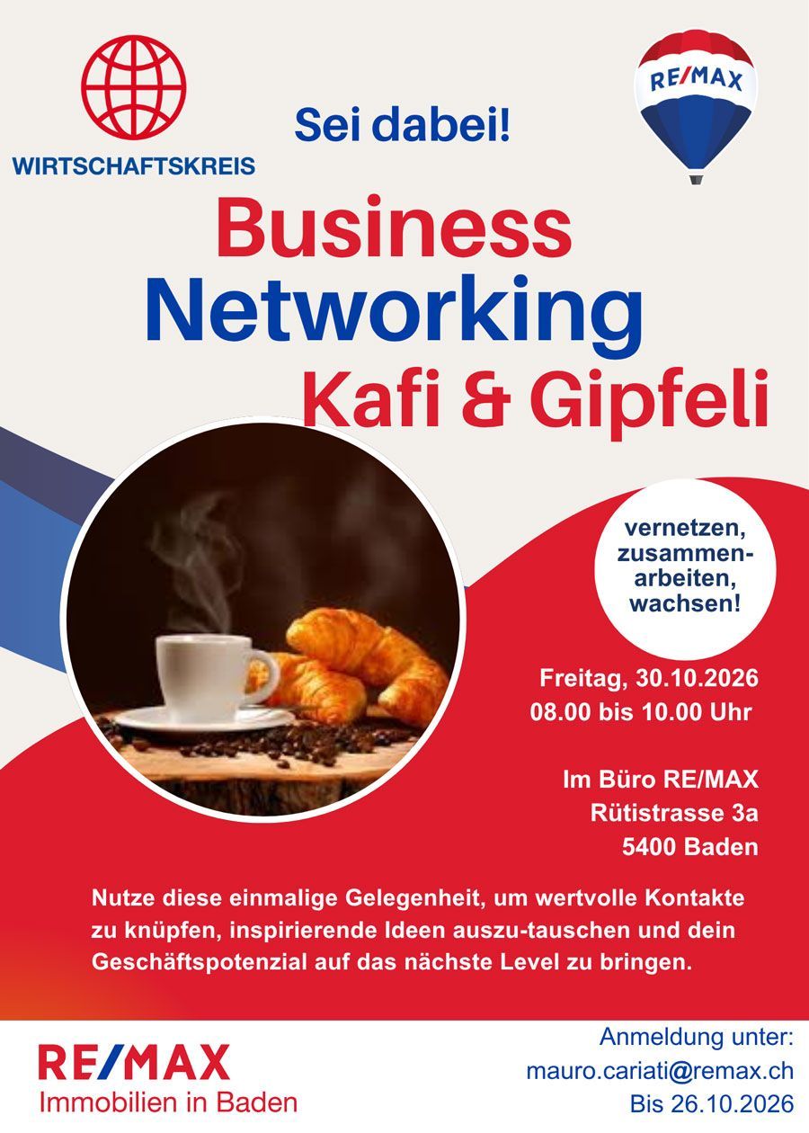 Plakat für das RE/MAX Business Networking-Event mit Kaffee und Croissants am 10. März 2024 in Zürich.