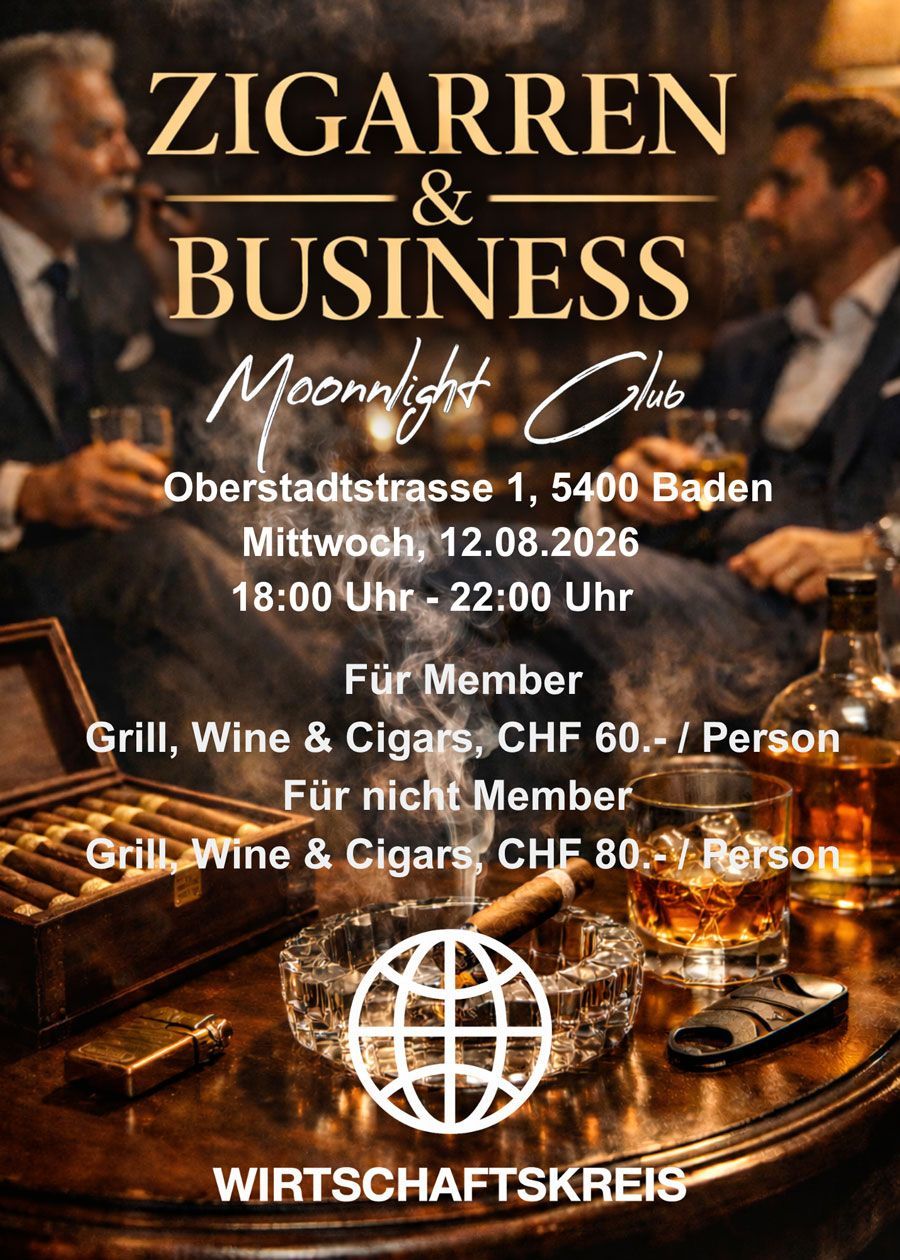 Veranstaltungsplakat „Zigarren & Business“ mit Details zu Zigarrenlounge, Whisky und Abendessen in Gold- und Brauntönen