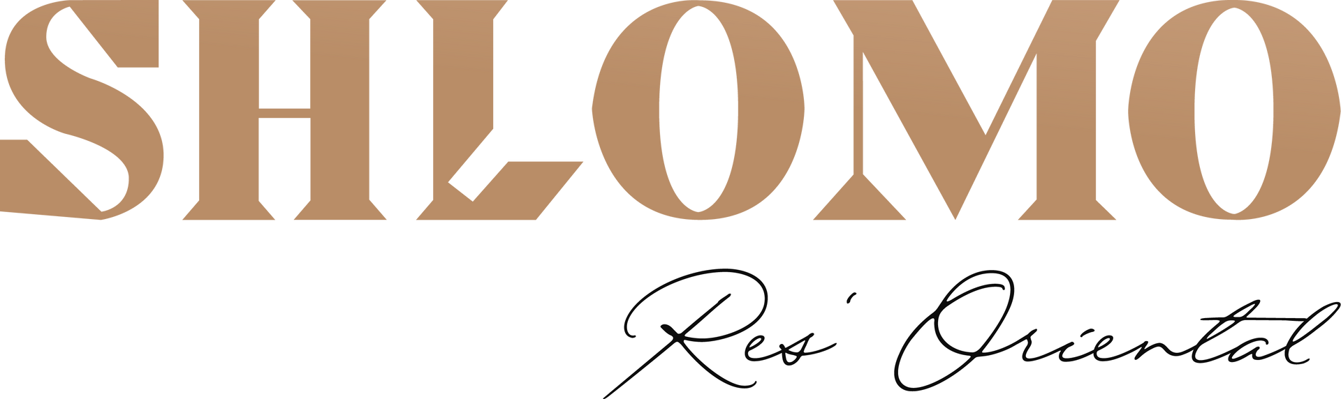 Das Logo zeigt die Aufschrift „SHLOMO“ in großen, beigen Serifenbuchstaben, darunter steht „Rex Oriental“ in einer zarten schwarzen Kursivschrift.