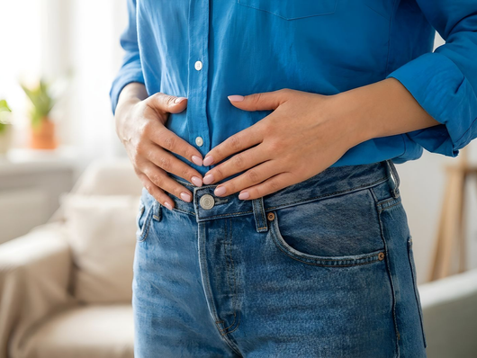 Personne en chemise bleue boutonnant son jean à la taille