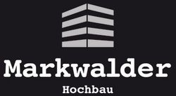 Logo für Markwalder Hochbau: Ein graues Symbol eines mehrstöckigen Gebäudes über weissem Text mit der Aufschrift 