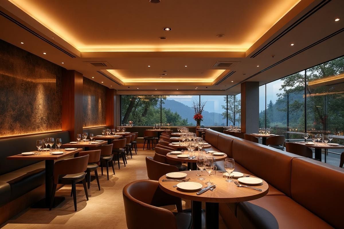 Elegantes Restaurantinterieur mit runden Tischen, Stühlen und grossen Fenstern mit malerischem Ausblick.
