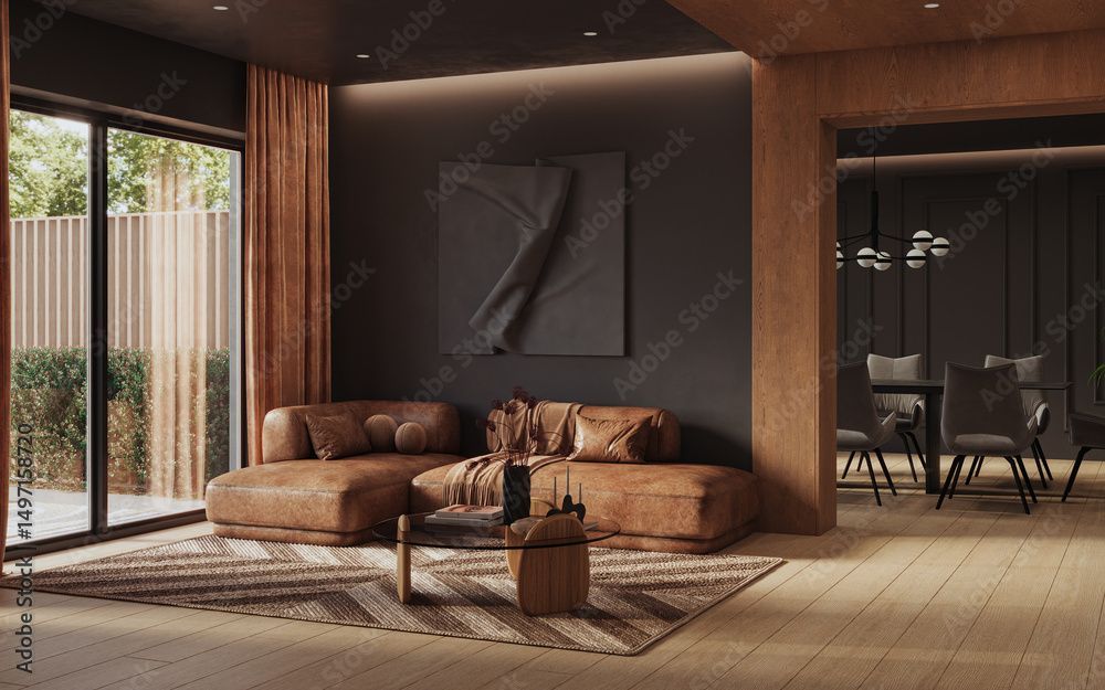 Wohnzimmer mit braunem Ledersofa, Teppich und dunkler Akzentwand; im Hintergrund ein Esszimmer.