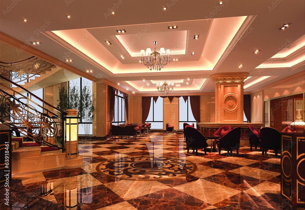 Elegante Hotellobby mit Marmorboden, Kronleuchtern, Sitzecke und kunstvoller Deckenbeleuchtung.