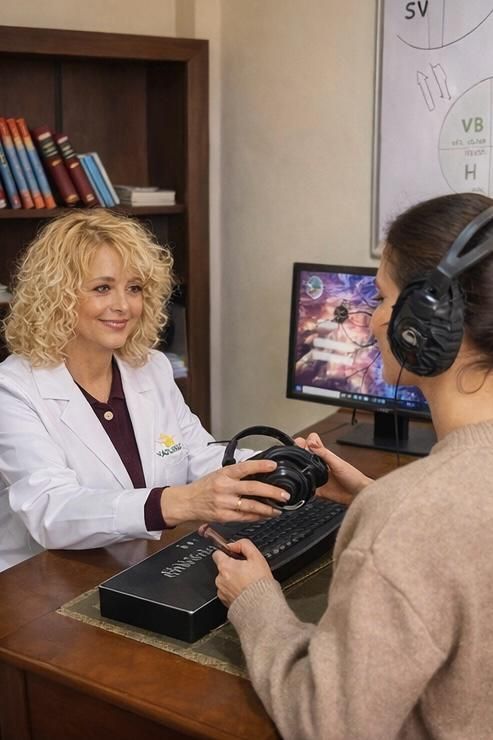 Interior de una farmacia con una exposición de productos en frascos hexagonales.