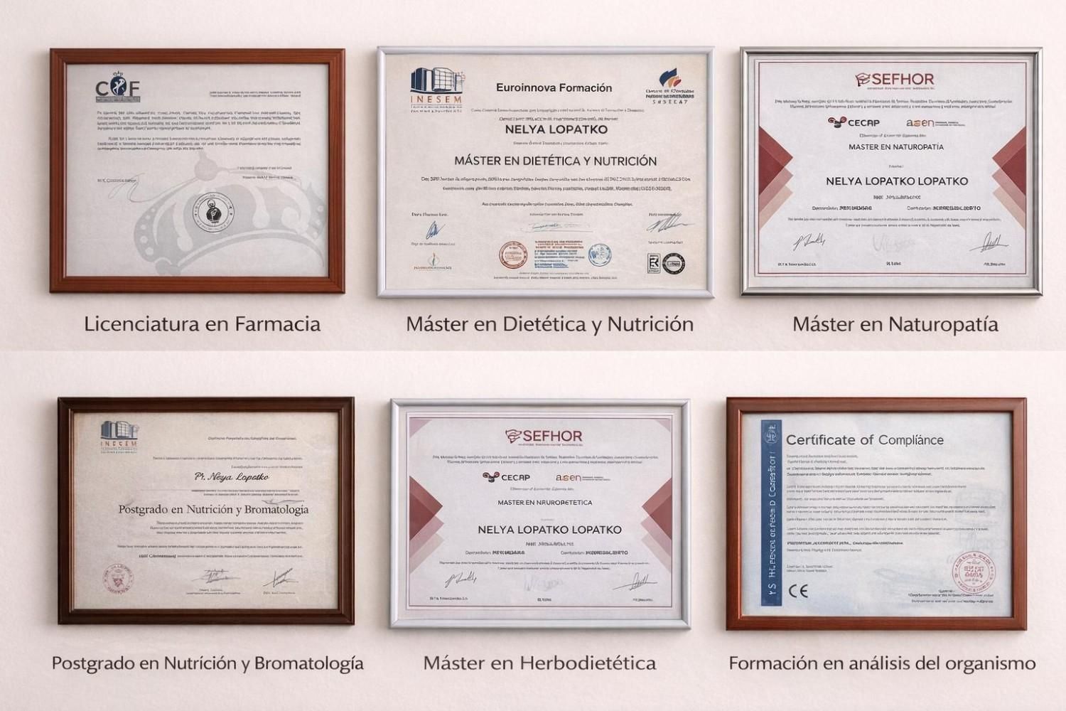 Seis diplomas enmarcados en una pared: 