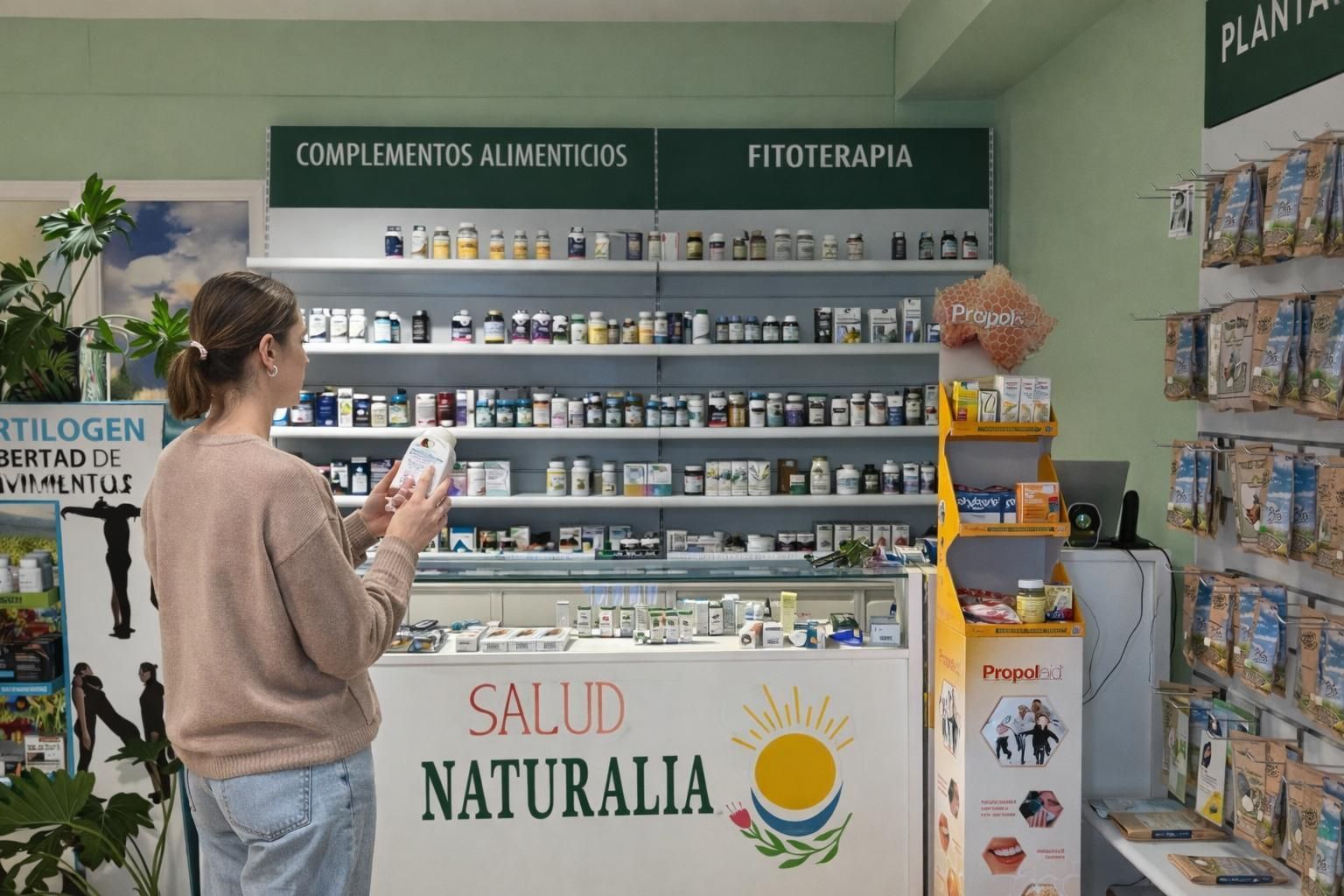 Interior de una tienda de alimentos naturales, mostrando suplementos y mostrador etiquetados