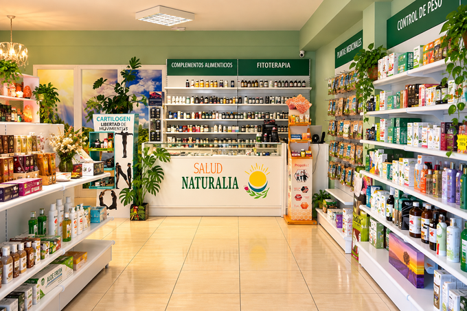 Estantes de una tienda de alimentos naturales repletos de productos. Los carteles indican.