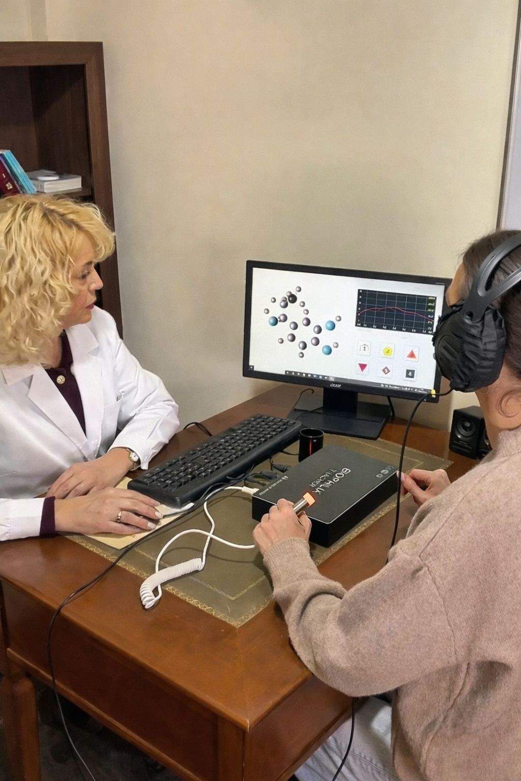 Interior de una farmacia con una exposición de productos en frascos hexagonales.