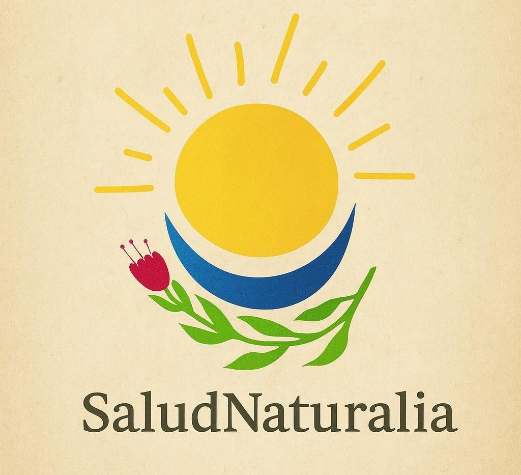 Logotipo: sol amarillo, media luna azul, flor roja, hojas verdes, texto "SaludNaturalia" sobre fondo crema.