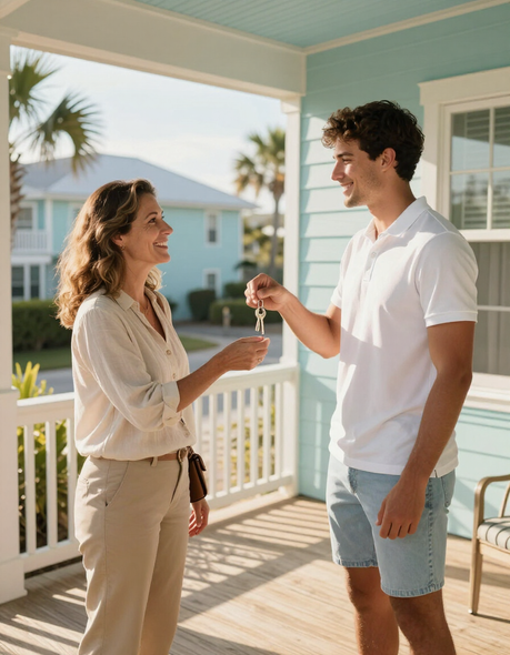 Serendipity team member handing keys to a guest on a sunlit porch