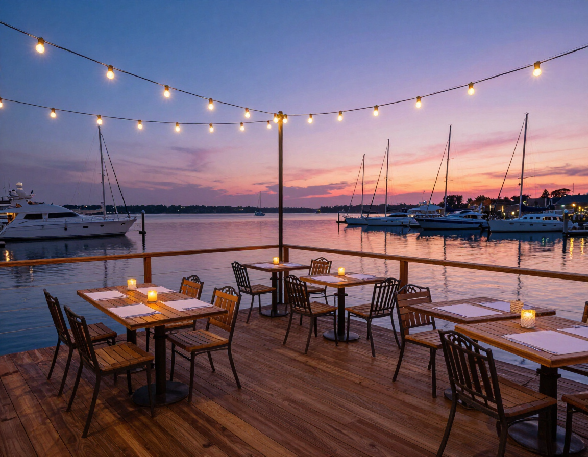 Waterfront restaurant deck at dusk